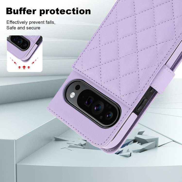 For Google Pixel 9 Pro XL Crossbody Multifunction Rhombic Leather Phone Case(Purple) - Google Cases by buy2fix | Online Shopping UK | buy2fix