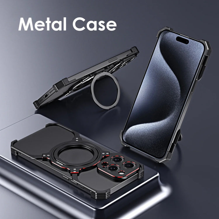 For iPhone 14 Mechanical Arm Borderless MagSafe Holder Metal Phone Case(Black Blue) - iPhone 14 Cases by buy2fix | Online Shopping UK | buy2fix