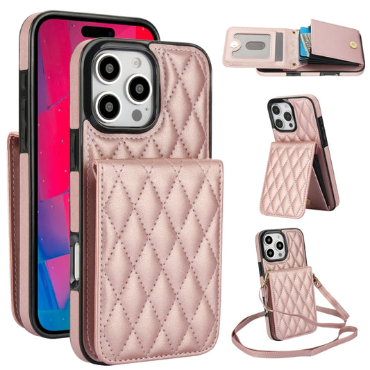 For iPhone 16 Pro YM015 Crossbody Rhombic Card Bag RFID Phone Case(Rose Gold) - iPhone 16 Pro Cases by buy2fix | Online Shopping UK | buy2fix