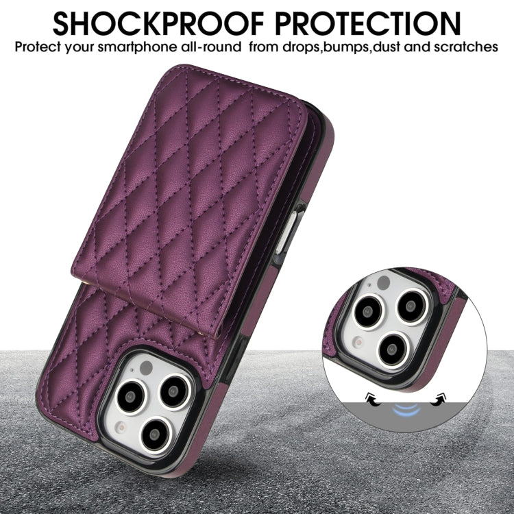 For iPhone 16 Pro YM015 Crossbody Rhombic Card Bag RFID Phone Case(Dark Purple) - iPhone 16 Pro Cases by buy2fix | Online Shopping UK | buy2fix