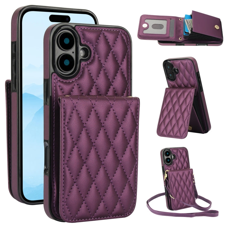 For iPhone 16 YM015 Crossbody Rhombic Card Bag RFID Phone Case(Dark Purple) - iPhone 16 Cases by buy2fix | Online Shopping UK | buy2fix