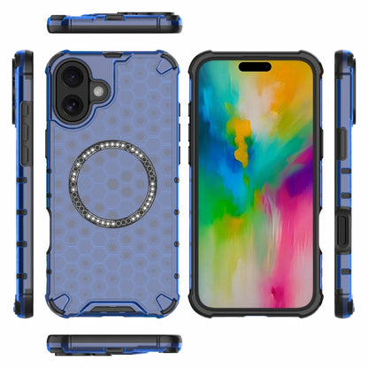 For iPhone 16 Plus Honeycomb Magnetic Ring Shockproof Phone Case(Blue) - iPhone 16 Plus Cases by buy2fix | Online Shopping UK | buy2fix