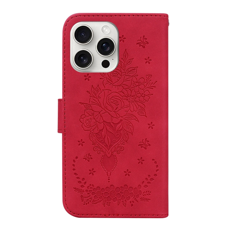 For iPhone 16 Pro Max Butterfly Rose Embossed Leather Phone Case(Red) - iPhone 16 Pro Max Cases by buy2fix | Online Shopping UK | buy2fix