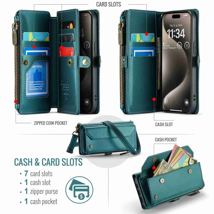 For iPhone 15 Pro CaseMe C36 Card Slots Zipper Wallet RFID Anti-theft Leather Phone Case(Blue-green) - iPhone 15 Pro Cases by CaseMe | Online Shopping UK | buy2fix