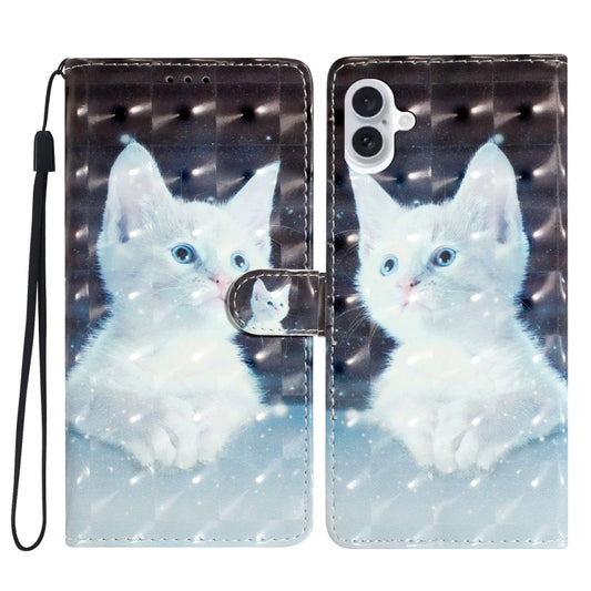 For iPhone 16 3D Pattern Leather Phone Case(White Cat) - iPhone 16 Cases by buy2fix | Online Shopping UK | buy2fix