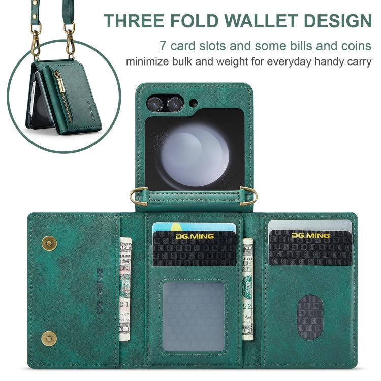 For Samsung Galaxy Z Flip5 5G DG.MING M5 Series Zip RFID Multi Card Detachable Leather Phone Case with Long Lanyard(Green) - Galaxy Z Flip5 Cases by DG.MING | Online Shopping UK | buy2fix