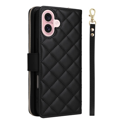 For iPhone 16 Crossbody Rhombic Zipper Tower Buckle Leather Phone Case with Lanyard(Black) - iPhone 16 Cases by buy2fix | Online Shopping UK | buy2fix