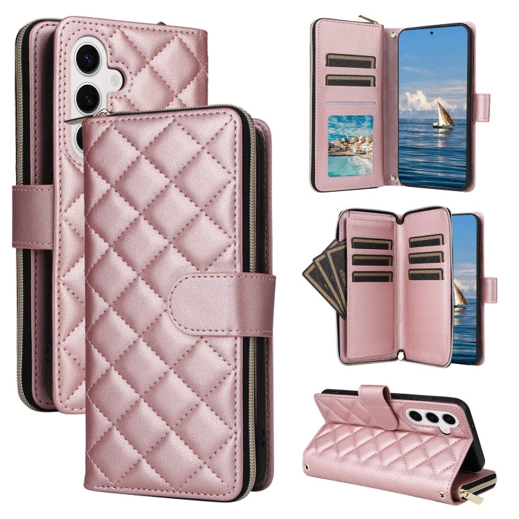 For Samsung Galaxy S25 5G Crossbody Rhombic Zipper Tower Buckle Leather Phone Case with Lanyard(Rose Gold) - Galaxy S25 5G Cases by buy2fix | Online Shopping UK | buy2fix