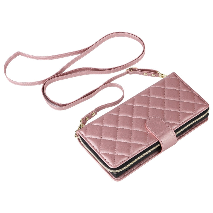 For Samsung Galaxy S25 Ultra 5G Crossbody Rhombic Zipper Tower Buckle Leather Phone Case with Lanyard(Rose Gold) - Galaxy S25 Ultra 5G Cases by buy2fix | Online Shopping UK | buy2fix