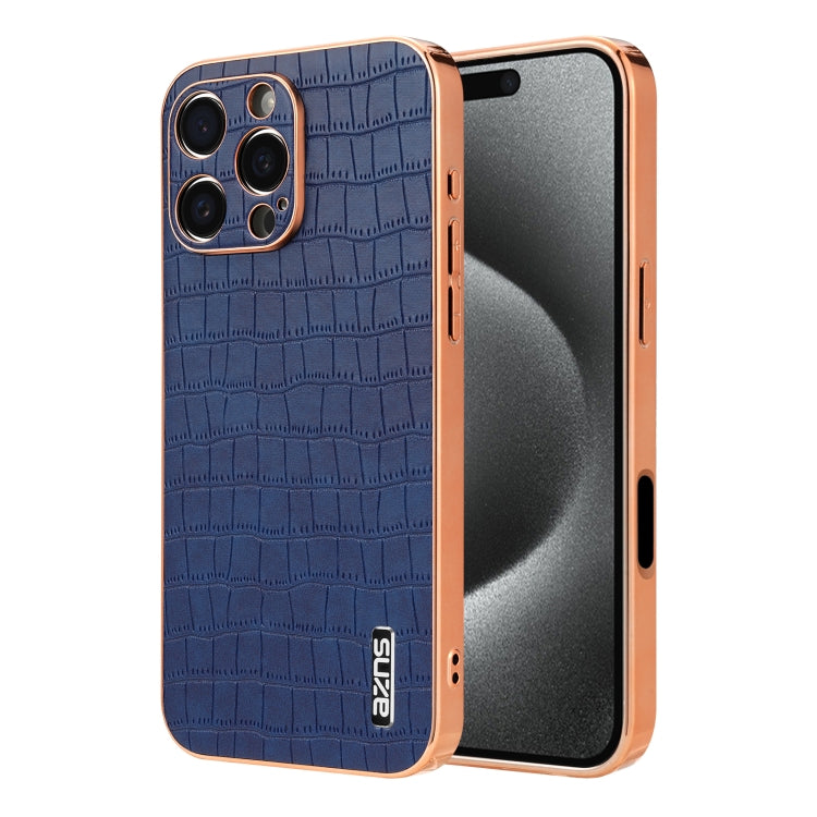 For iPhone 16 Pro Max AZNS Electroplated Frame Crocodile Texture Full Coverage Phone Case(Blue) - iPhone 16 Pro Max Cases by AZNS | Online Shopping UK | buy2fix