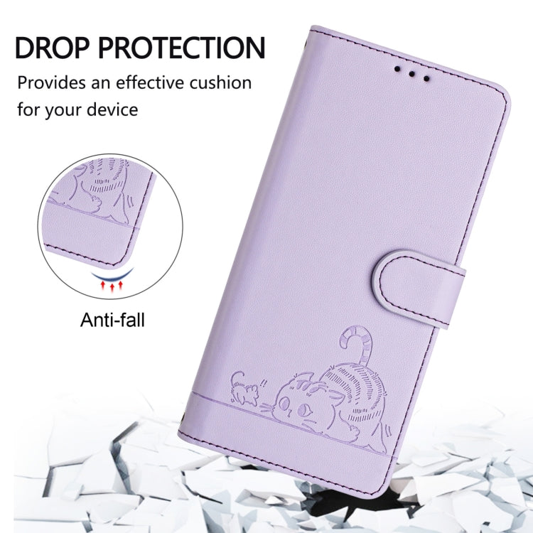 For Blackview A52 Cat Rat Embossed Pattern RFID Leather Phone Case with Lanyard(Purple) - More Brand by buy2fix | Online Shopping UK | buy2fix