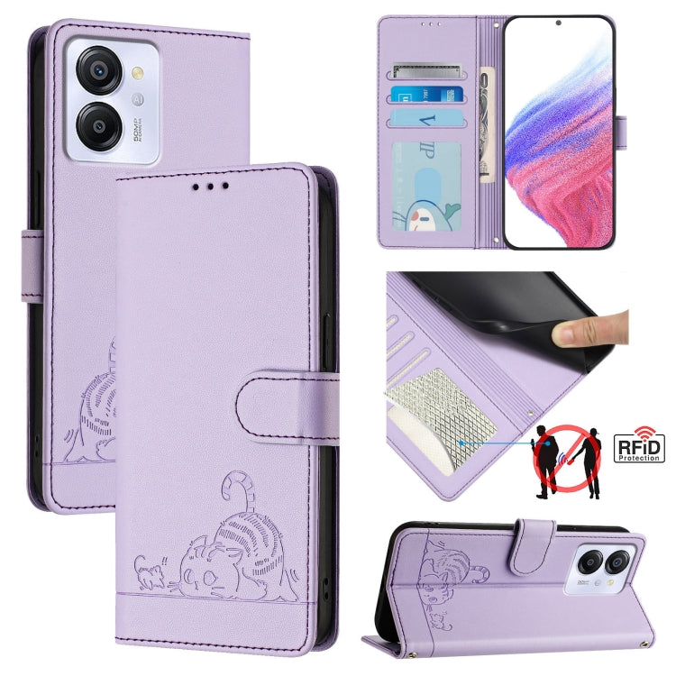 For Blackview Color 8 Cat Rat Embossed Pattern RFID Leather Phone Case with Lanyard(Purple) - More Brand by buy2fix | Online Shopping UK | buy2fix