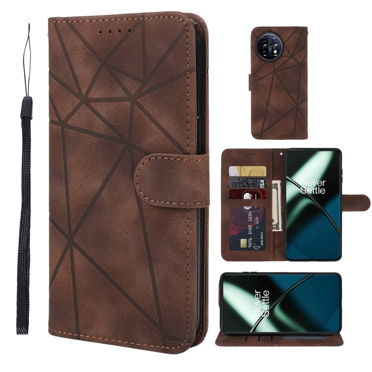 For OnePlus 11 Skin Feel Geometric Lines Leather Phone Case(Brown) - OnePlus Cases by buy2fix | Online Shopping UK | buy2fix