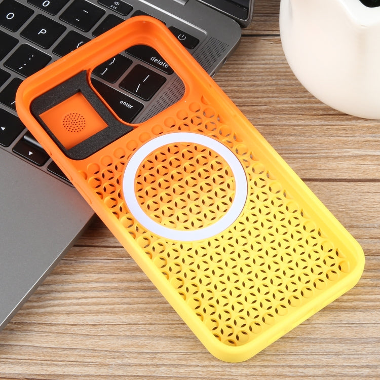 For iPhone 15 Plus Gradient Color Honeycomb Aromatherapy MagSafe Phone Case(Orange Yellow) - iPhone 15 Plus Cases by buy2fix | Online Shopping UK | buy2fix