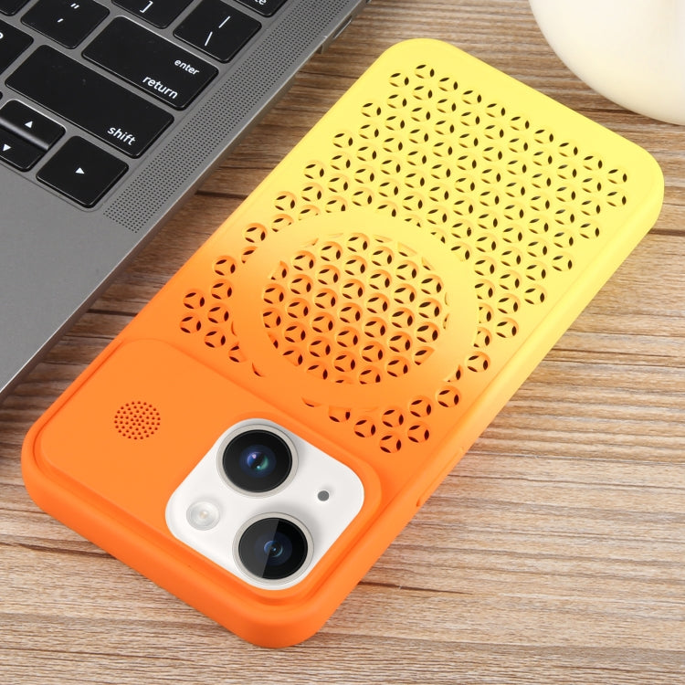 For iPhone 15 Plus Gradient Color Honeycomb Aromatherapy MagSafe Phone Case(Orange Yellow) - iPhone 15 Plus Cases by buy2fix | Online Shopping UK | buy2fix