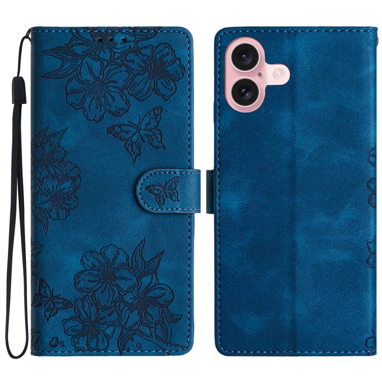 For iPhone 16 Cherry Blossom Butterfly Skin Feel Embossed PU Phone Case(Blue) - iPhone 16 Cases by buy2fix | Online Shopping UK | buy2fix