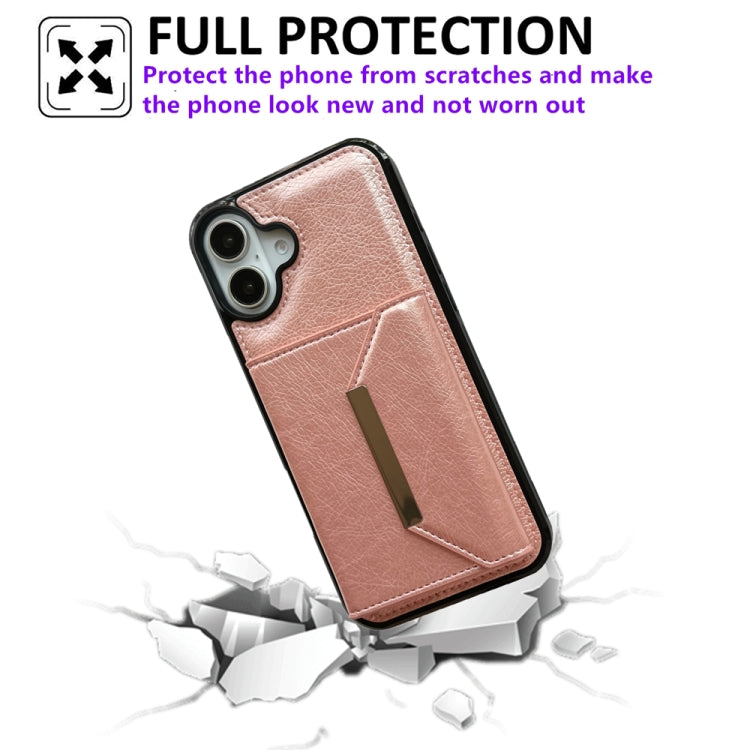 For iPhone 16 Solid Color Metal Buckle Card Slots Bag Phone Case(Rose Gold) - iPhone 16 Cases by buy2fix | Online Shopping UK | buy2fix