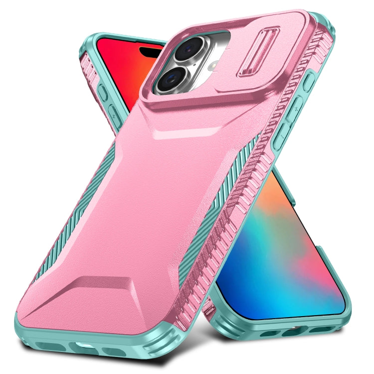 For iPhone 16 Sliding Camshield Phone Case(Pink + Grey Green) - iPhone 16 Cases by buy2fix | Online Shopping UK | buy2fix