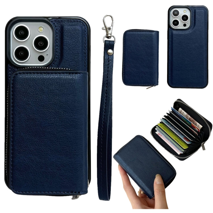 For iPhone 16 Pro Max Solid Color Zipper 11-Card Slots Bag Phone Case with Lanyard(Blue) - iPhone 16 Pro Max Cases by buy2fix | Online Shopping UK | buy2fix