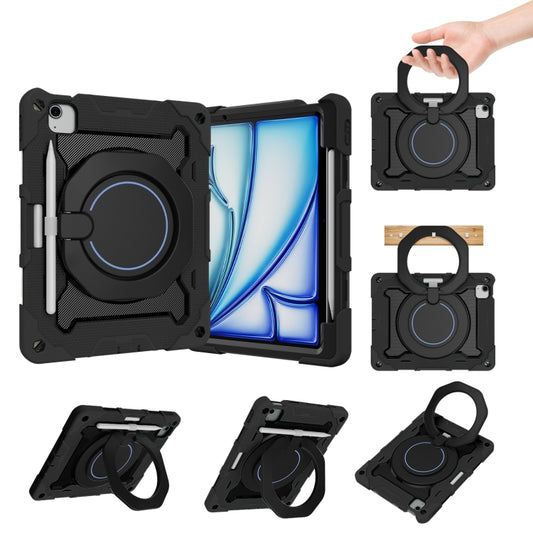 For iPad Air 11 2024 / 2025 Armor Portable Rotating Ring Holder Silicone Tablet Case with Pen Slot(Black) - iPad Air 11 2025 / 2024 Cases by buy2fix | Online Shopping UK | buy2fix