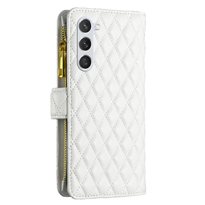 For Samsung Galaxy S25 5G Diamond Lattice Zipper Wallet Leather Flip Phone Case(White) - Galaxy S25 5G Cases by buy2fix | Online Shopping UK | buy2fix