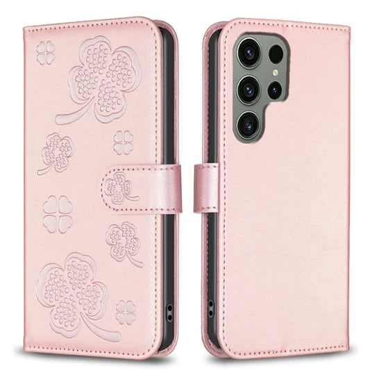 For Samsung Galaxy S25 Ultra 5G Four-leaf Embossed Leather Phone Case(Pink) - Galaxy S25 Ultra 5G Cases by buy2fix | Online Shopping UK | buy2fix