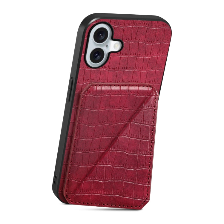 For iPhone 16 Imitation Crocodile Leather Back Phone Case with Holder(Rose Red) - iPhone 16 Cases by buy2fix | Online Shopping UK | buy2fix