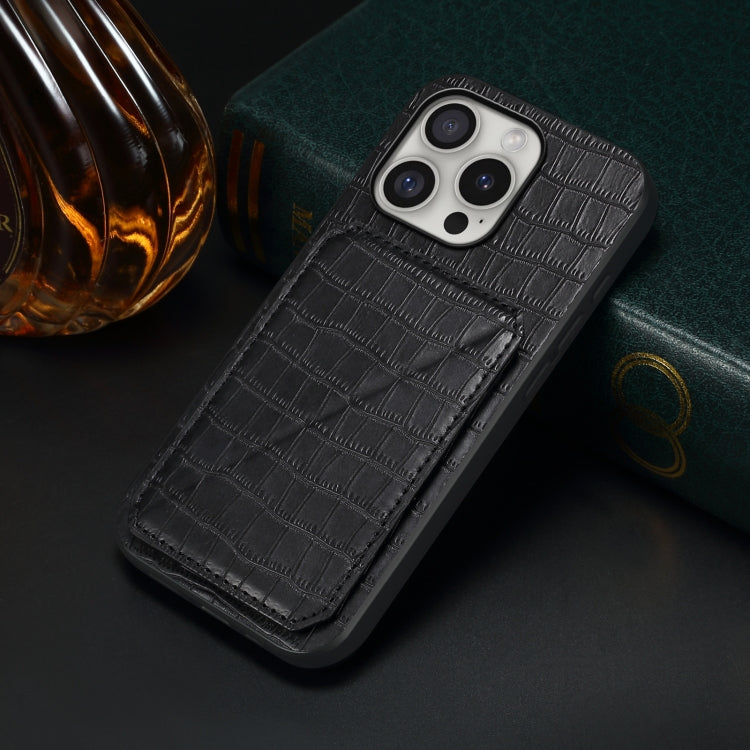 For iPhone 16 Pro Max Imitation Crocodile Leather Back Phone Case with Holder(Black) - iPhone 16 Pro Max Cases by buy2fix | Online Shopping UK | buy2fix