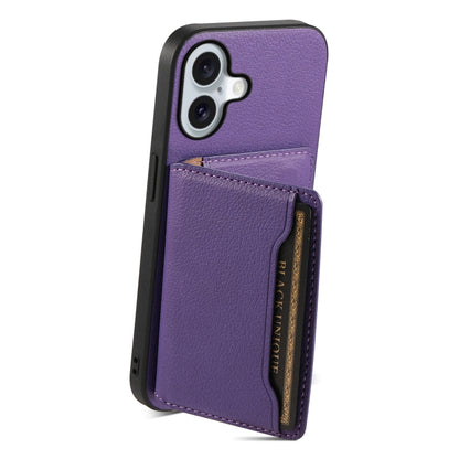 For iPhone 16 Calf Texture Card Bag Design Full Coverage Phone Case(Purple) - iPhone 16 Cases by buy2fix | Online Shopping UK | buy2fix