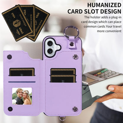 For iPhone 16 Plus Rhombic Texture Card Bag Phone Case with Short Lanyard(Purple) - iPhone 16 Plus Cases by buy2fix | Online Shopping UK | buy2fix