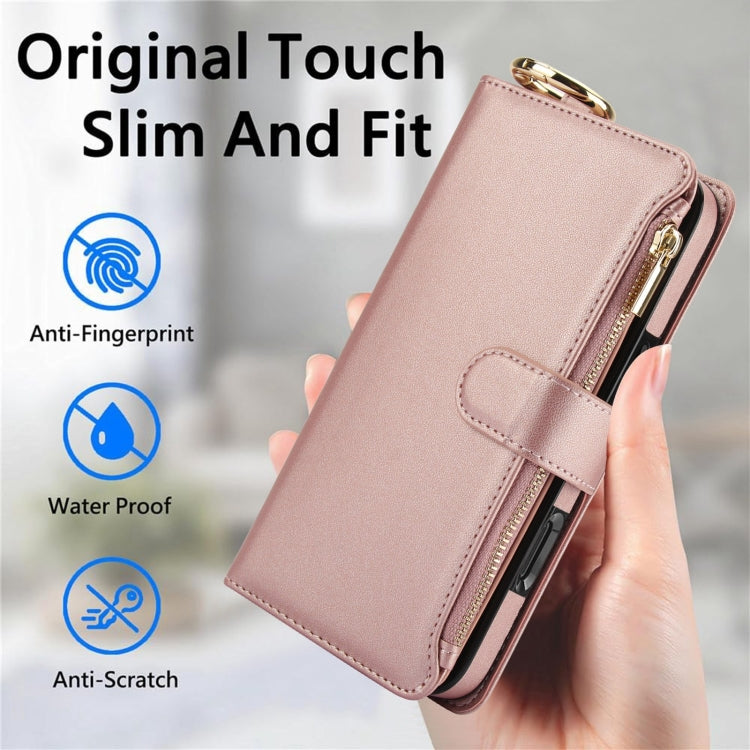 For iPhone 16 Crossbody Ring Multifunctional Wallet Leather Phone Case(Rose Gold) - iPhone 16 Cases by buy2fix | Online Shopping UK | buy2fix