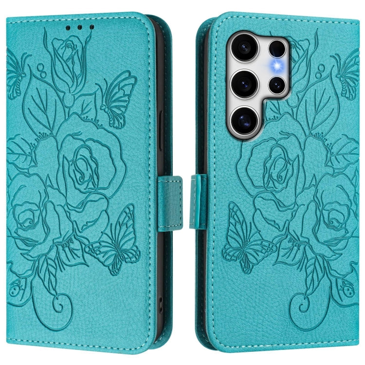 For Samsung Galaxy S25 Ultra 5G Embossed Rose RFID Anti-theft Leather Phone Case(Light Blue) - Galaxy S25 Ultra 5G Cases by buy2fix | Online Shopping UK | buy2fix