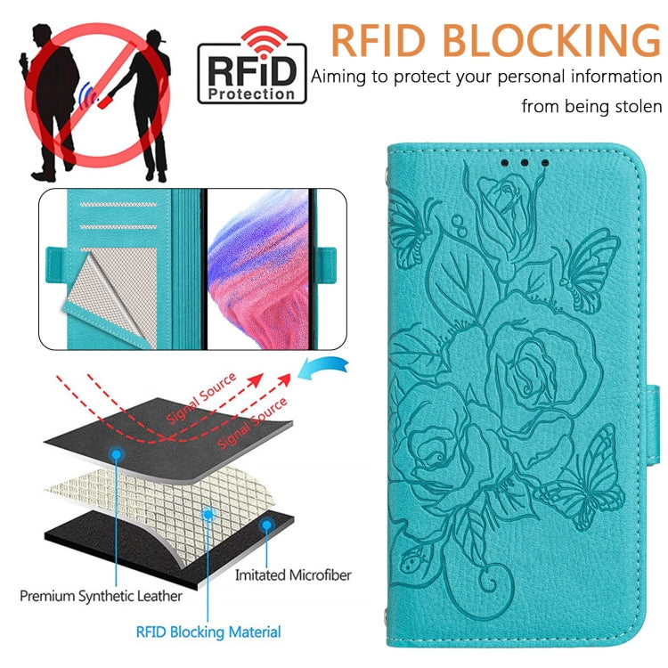 For Samsung Galaxy S25 Ultra 5G Embossed Rose RFID Anti-theft Leather Phone Case(Light Blue) - Galaxy S25 Ultra 5G Cases by buy2fix | Online Shopping UK | buy2fix