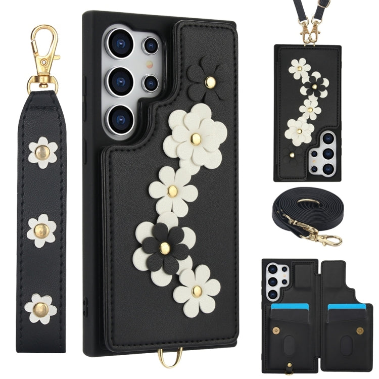 For Samsung Galaxy S25 Ultra 5G Crossbody Flower Pattern Leather Phone Case(Black) - Galaxy S25 Ultra 5G Cases by buy2fix | Online Shopping UK | buy2fix