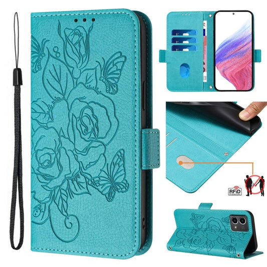 For Motorola Moto G Stylus 5G 2024 Embossed Rose RFID Anti-theft Leather Phone Case(Light Blue) - Motorola Cases by buy2fix | Online Shopping UK | buy2fix