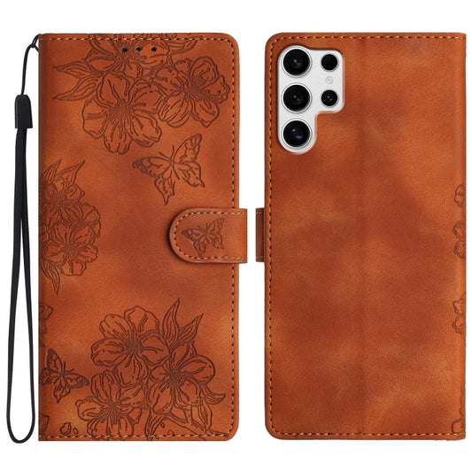 For Samsung Galaxy S25 Ultra 5G Cherry Blossom Butterfly Skin Feel Embossed PU Phone Case(Brown) - Galaxy S25 Ultra 5G Cases by buy2fix | Online Shopping UK | buy2fix