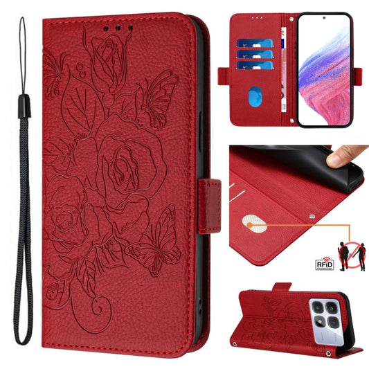 For Redmi K70 Ultra 5G Global Embossed Rose RFID Anti-theft Leather Phone Case(Red) - Xiaomi Cases by buy2fix | Online Shopping UK | buy2fix