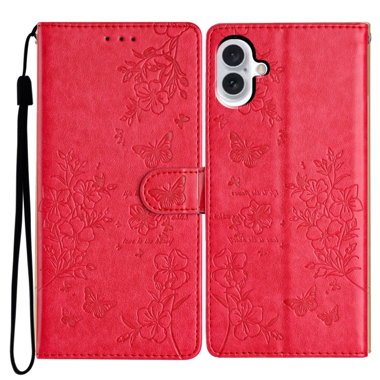 For iPhone 16 Plus Butterflies and Flowers Leather Phone Case(Red) - iPhone 16 Plus Cases by buy2fix | Online Shopping UK | buy2fix