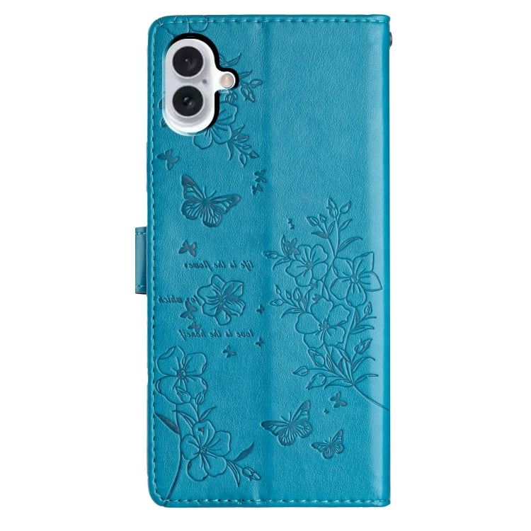 For iPhone 16 Plus Butterflies and Flowers Leather Phone Case(Blue) - iPhone 16 Plus Cases by buy2fix | Online Shopping UK | buy2fix