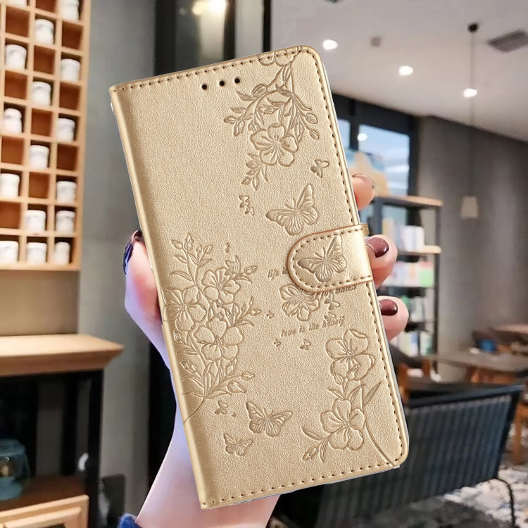 For iPhone 16 Butterflies and Flowers Leather Phone Case(Gold) - iPhone 16 Cases by buy2fix | Online Shopping UK | buy2fix