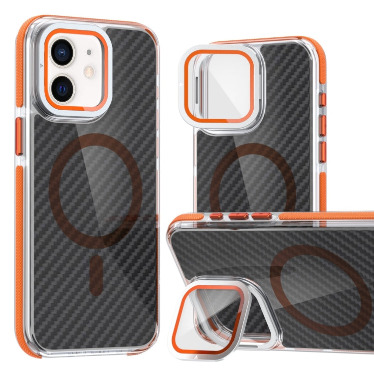 For iPhone 12 Pro / 12 Magsafe Dual-Color Carbon Fiber Lens Film Phone Case with Lens Fold Holder(Orange) - iPhone 12 / 12 Pro Cases by buy2fix | Online Shopping UK | buy2fix