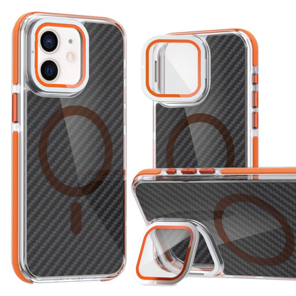 For iPhone 12 Pro / 12 Magsafe Dual-Color Carbon Fiber Lens Film Phone Case with Lens Fold Holder(Orange) - iPhone 12 / 12 Pro Cases by buy2fix | Online Shopping UK | buy2fix