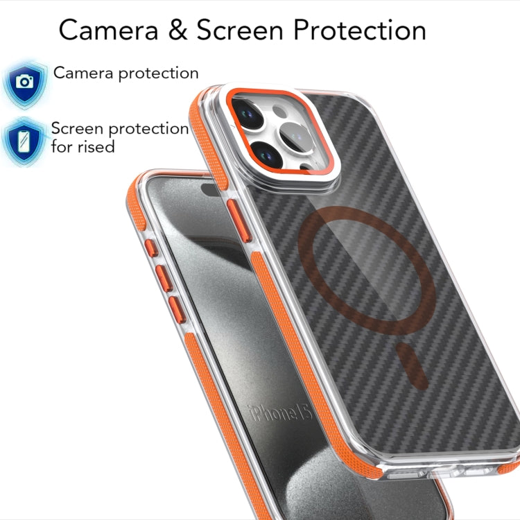 For iPhone 11 Magsafe Dual-Color Carbon Fiber Lens Film Phone Case with Lens Fold Holder(Orange) - iPhone 11 Cases by buy2fix | Online Shopping UK | buy2fix