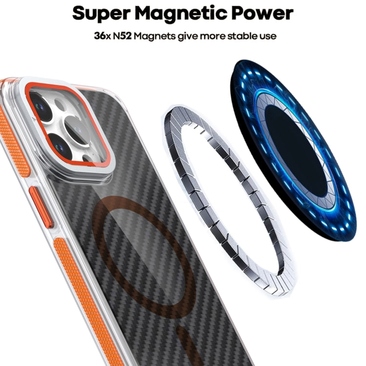 For iPhone 16 Plus Magsafe Dual-Color Carbon Fiber Lens Film Phone Case with Lens Fold Holder(Orange) - iPhone 16 Plus Cases by buy2fix | Online Shopping UK | buy2fix