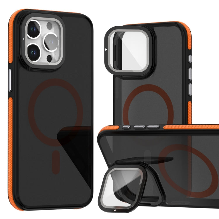 For iPhone 16 Pro Max Magsafe Dual-Color Skin Feel Lens Film Phone Case with Lens Fold Holder(Orange) - iPhone 16 Pro Max Cases by buy2fix | Online Shopping UK | buy2fix