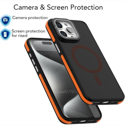 For iPhone 16 Pro Max Magsafe Dual-Color Skin Feel Lens Film Phone Case with Lens Fold Holder(Orange) - iPhone 16 Pro Max Cases by buy2fix | Online Shopping UK | buy2fix