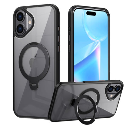 For iPhone 16 Transparent MagSafe Magnetic Rotating Ring Holder Phone Case(Black) - iPhone 16 Cases by buy2fix | Online Shopping UK | buy2fix