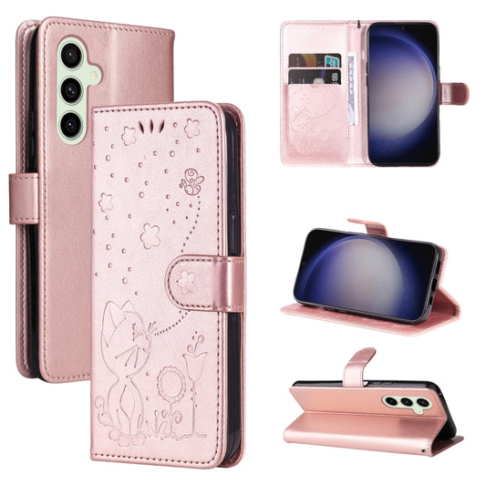 For Samsung Galaxy S25+ / S24+ 5G Cat and Bee Embossed Flip Leather Phone Case(Rose Gold) - Galaxy S25+ 5G Cases by buy2fix | Online Shopping UK | buy2fix