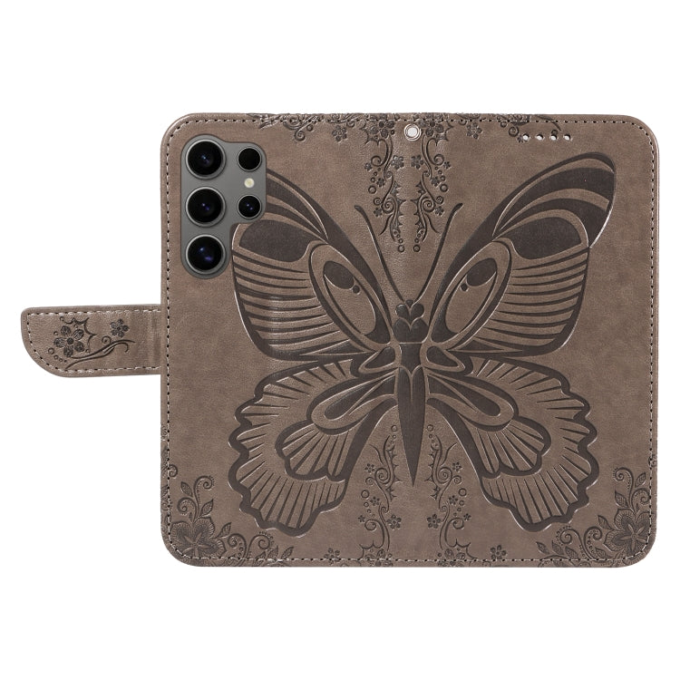 For Samsung Galaxy S25 Ultra 5G Swallowtail Butterfly Embossed Leather Phone Case(Grey) - Galaxy S25 Ultra 5G Cases by buy2fix | Online Shopping UK | buy2fix