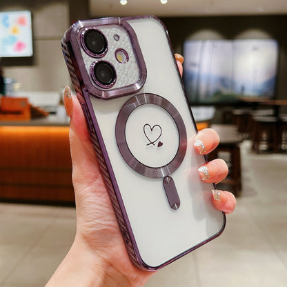 For iPhone 11 Loves Carbon Fiber Clear Plated Magsafe TPU Phone Case(Purple) - iPhone 11 Cases by buy2fix | Online Shopping UK | buy2fix